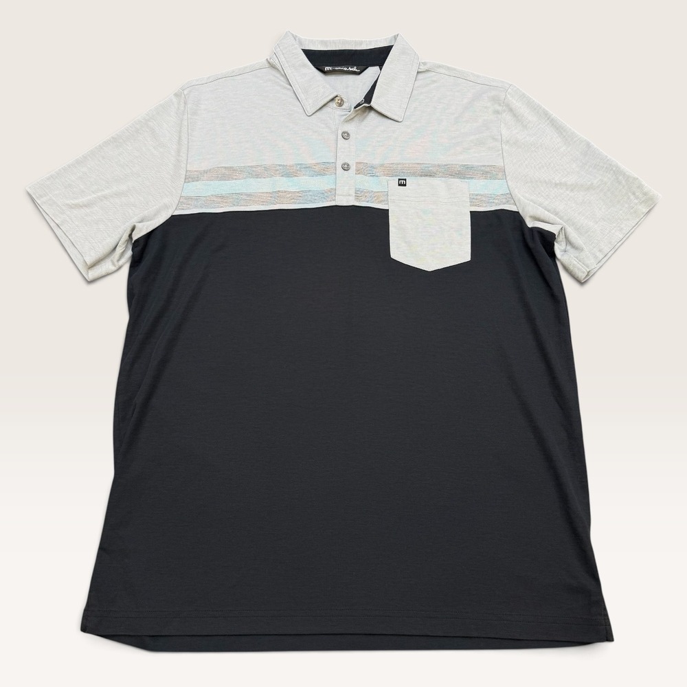 TravisMathew Mens XL Polo Shirt Grey Black Colorblock Striped Pocket Golf Tee